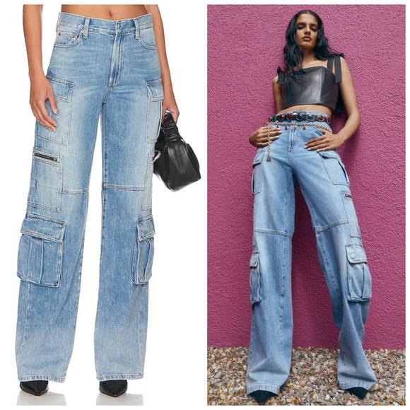 Alice + Olivia Cay Baggy Cargo Utility Jeans Slouchy Size 24 Denim Blue
